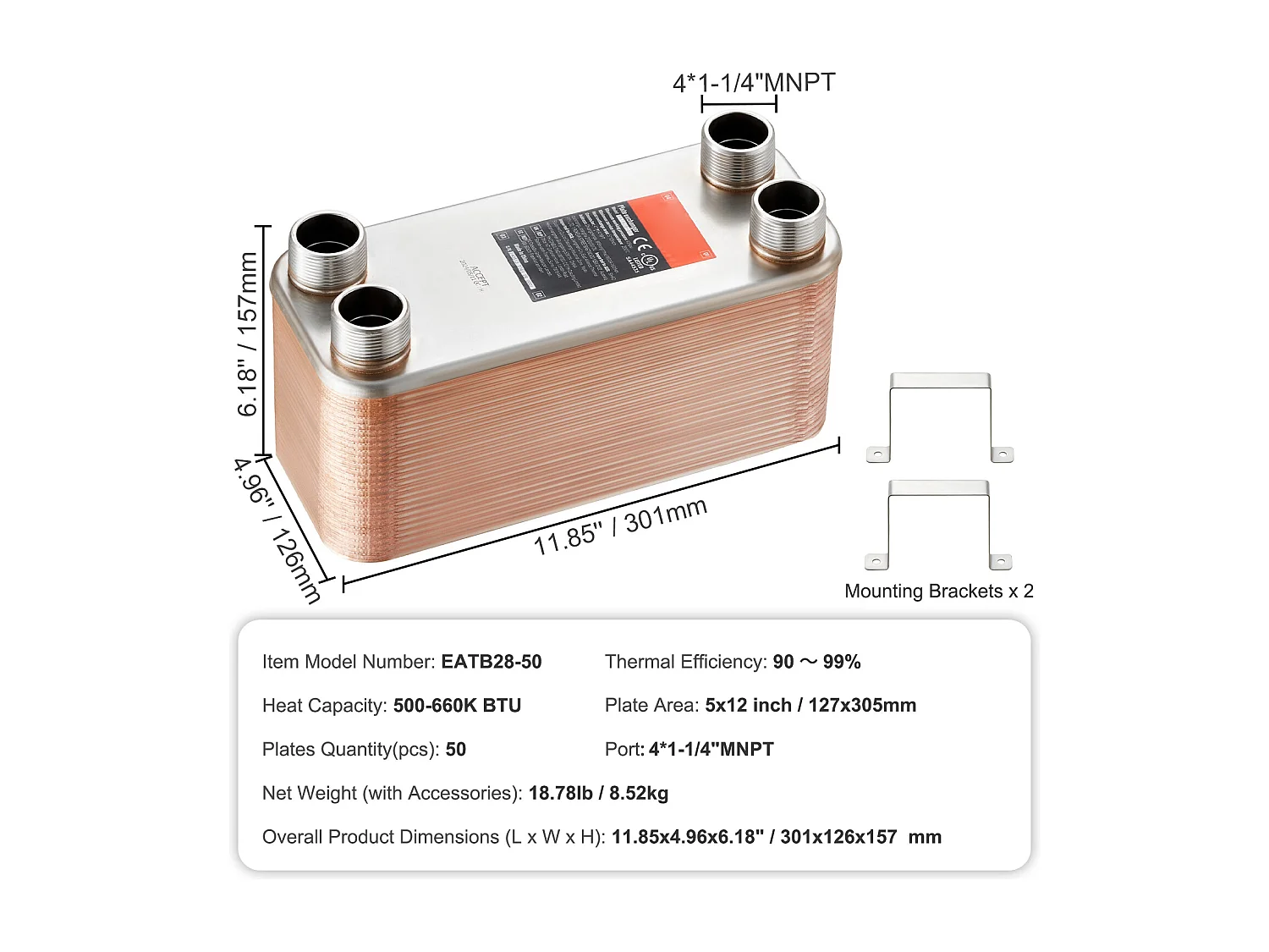 Échangeur de Chaleur SucceBuy à 50 Plaques 41-0.64 cm Ports MNPT 12.7cm x 30.5cm Brasé 316L Acier