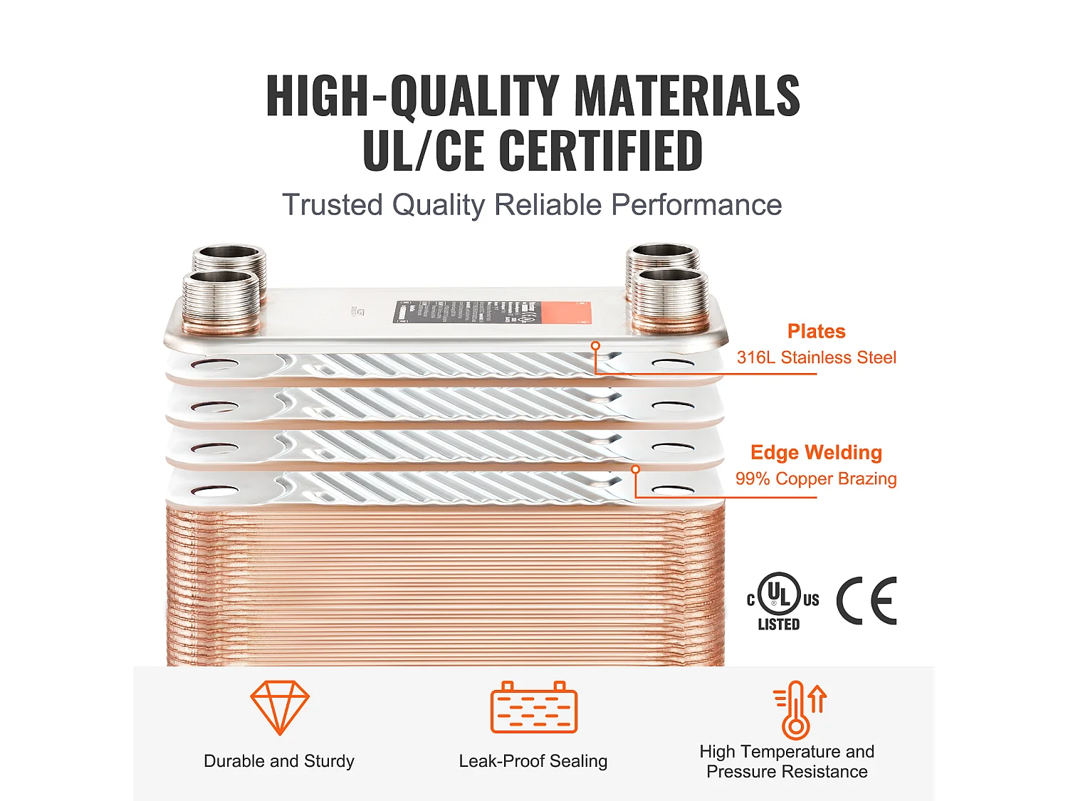 Échangeur de Chaleur SucceBuy à 50 Plaques 41-0.64 cm Ports MNPT 12.7cm x 30.5cm Brasé 316L Acier