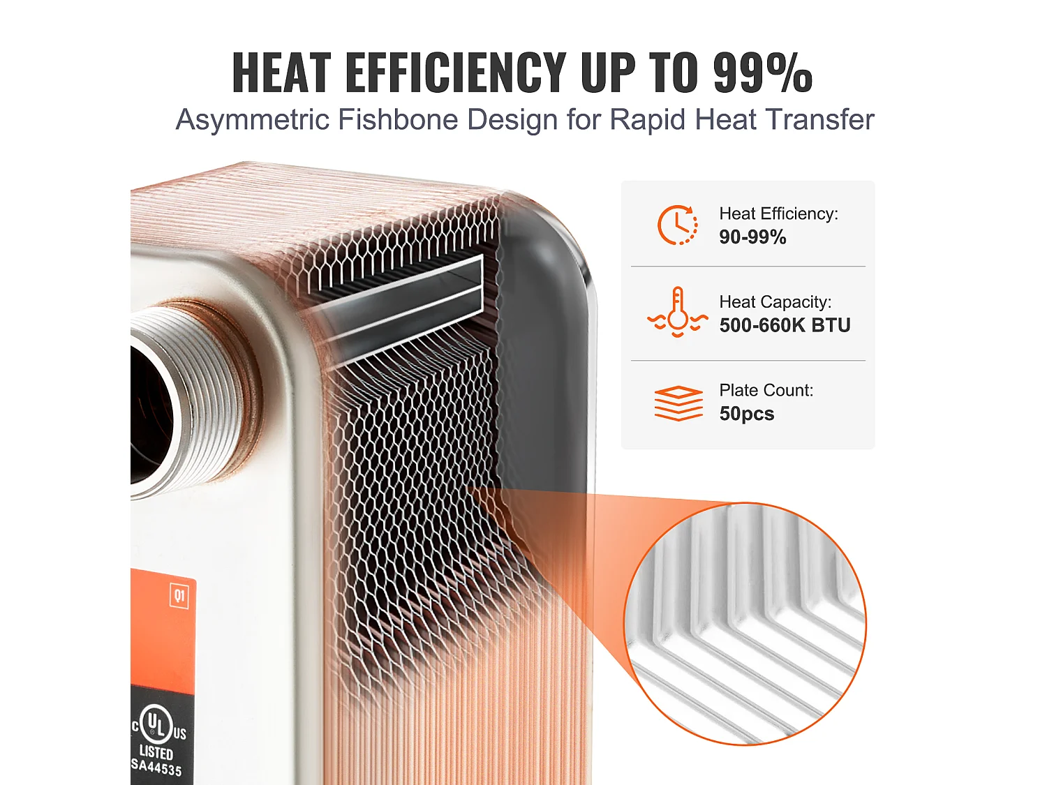 Échangeur de Chaleur SucceBuy à 50 Plaques 41-0.64 cm Ports MNPT 12.7cm x 30.5cm Brasé 316L Acier