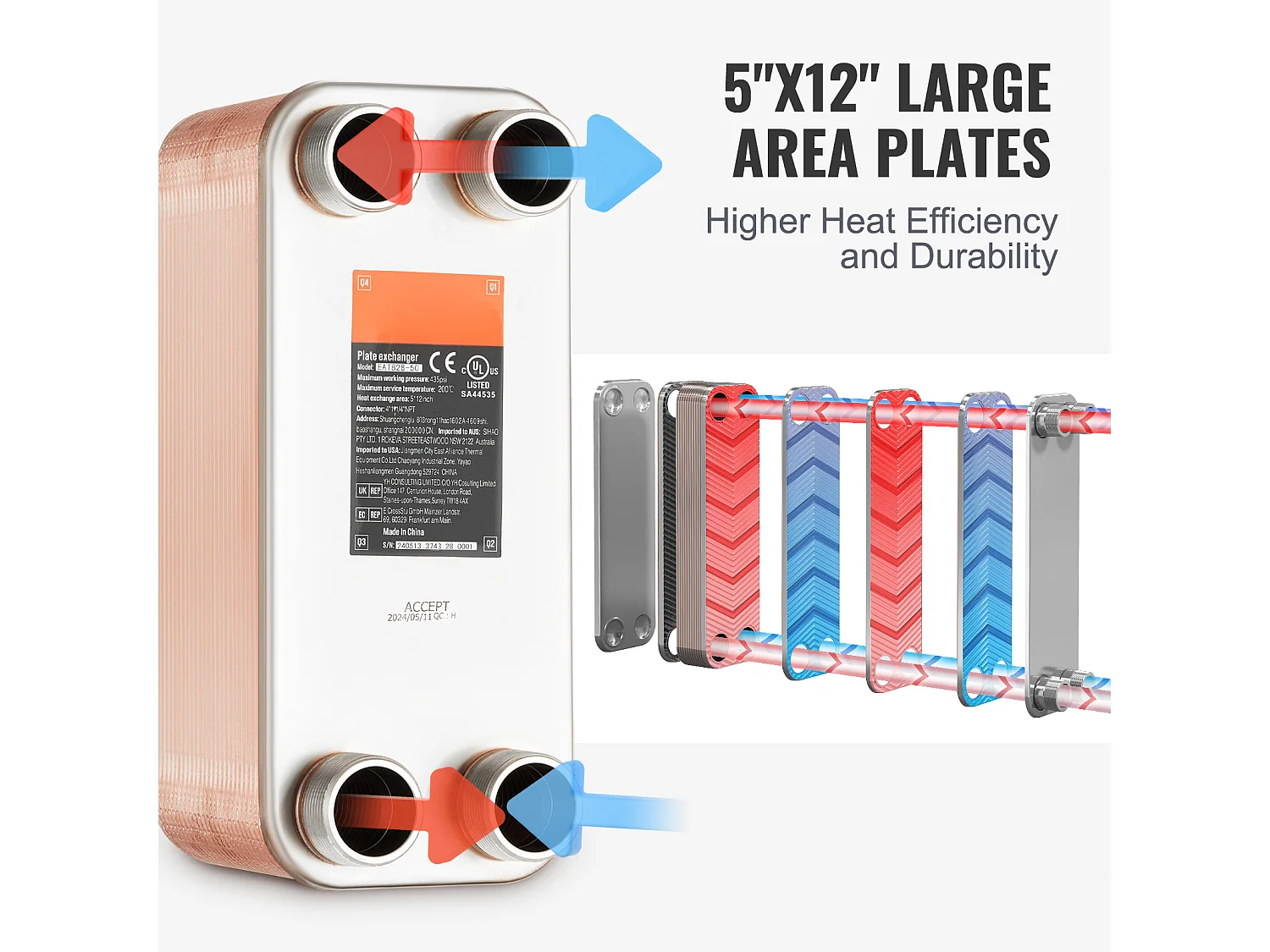 Échangeur de Chaleur SucceBuy à 50 Plaques 41-0.64 cm Ports MNPT 12.7cm x 30.5cm Brasé 316L Acier