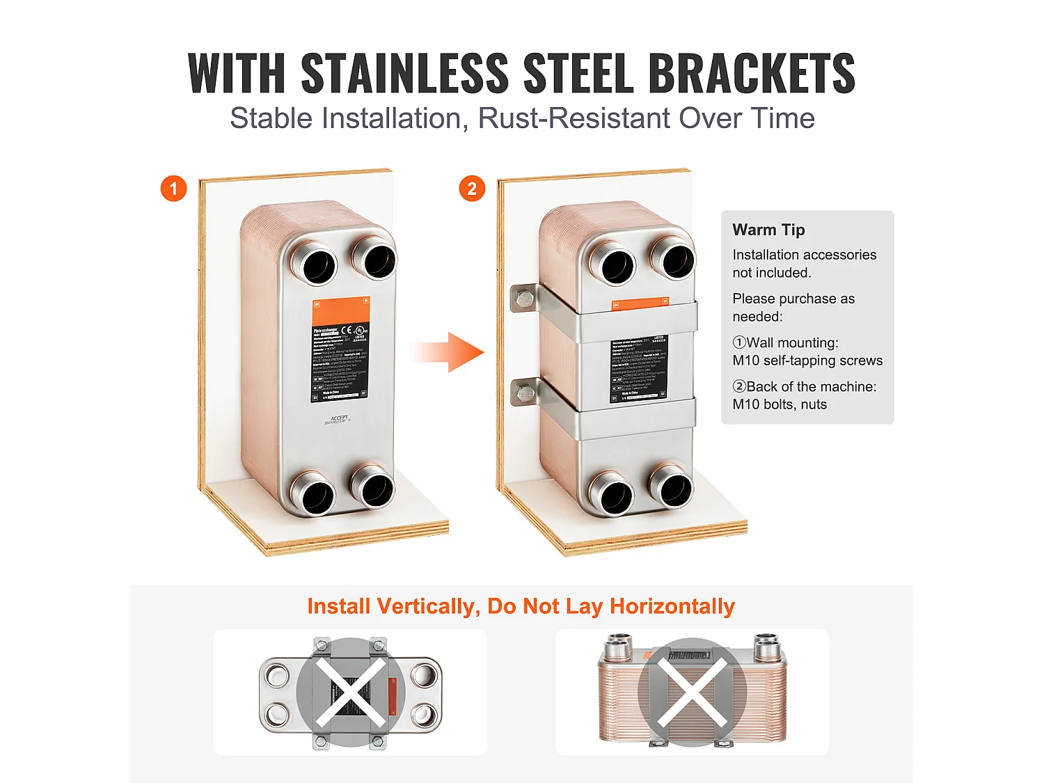 Échangeur de Chaleur SucceBuy à 50 Plaques 41-0.64 cm Ports MNPT 12.7cm x 30.5cm Brasé 316L Acier