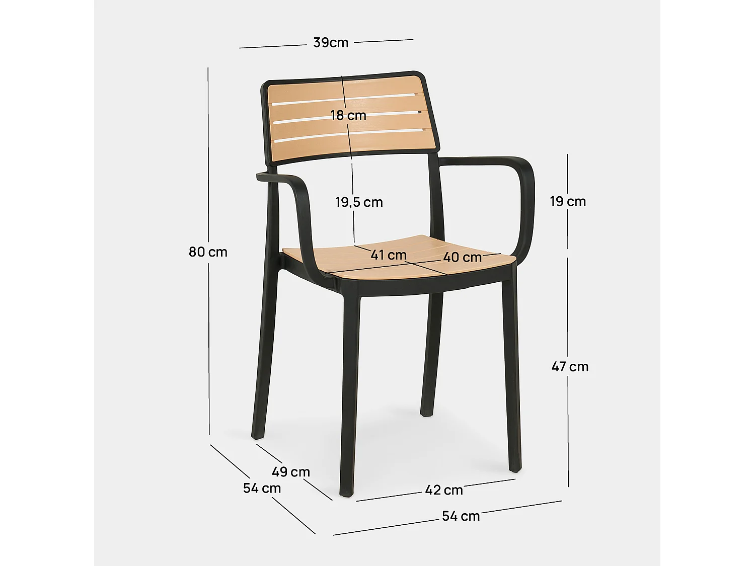 Chaise de jardin en plastique noir-naturel 54x80 cm-Hilda