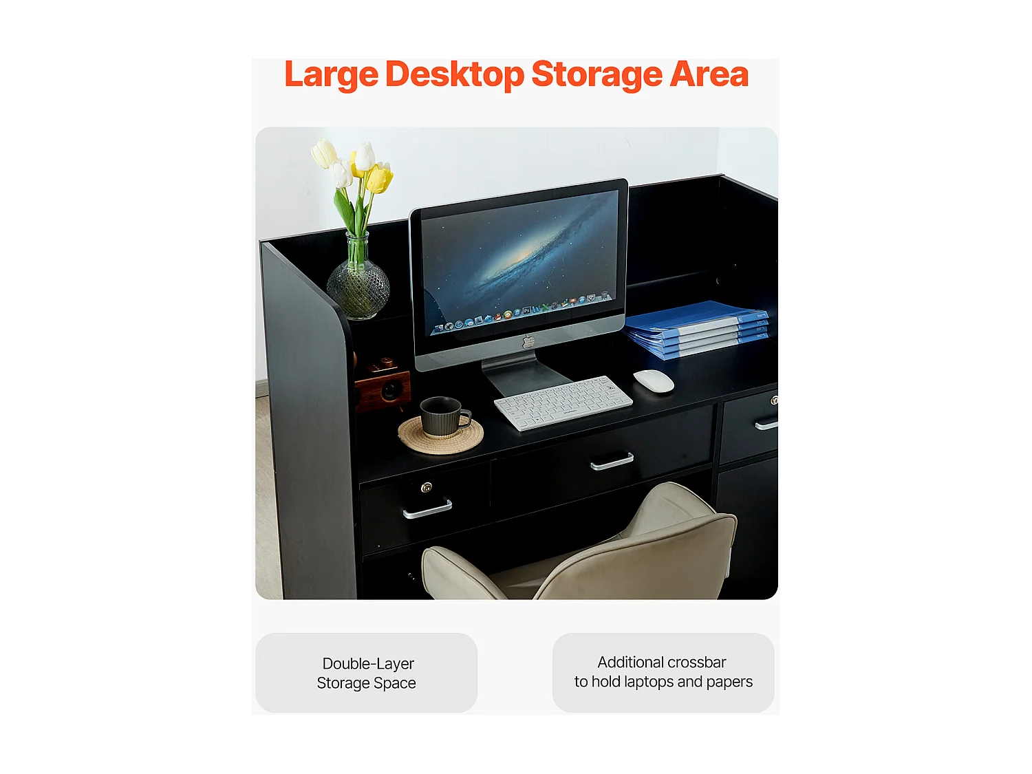 Comptoir d'Accueil Bureau, SucceBuy Bureau de Réception 120 cm, Table de Comptoir de Bureau Rectangulaire Noire pour Hall d'Entrée