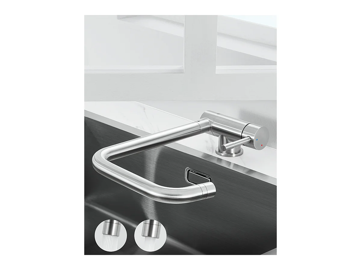 ANYCEE MAX Robinet Cuisine Rabattable avec 2 Jets, Mitigeur Evier Repliable sous Fenêtre Pivotant à 360, Robinetterie Pliable devant Fenêtre