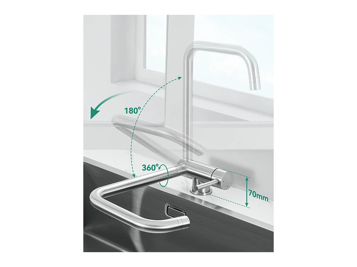 ANYCEE MAX Robinet Cuisine Rabattable avec 2 Jets, Mitigeur Evier Repliable sous Fenêtre Pivotant à 360, Robinetterie Pliable devant Fenêtre
