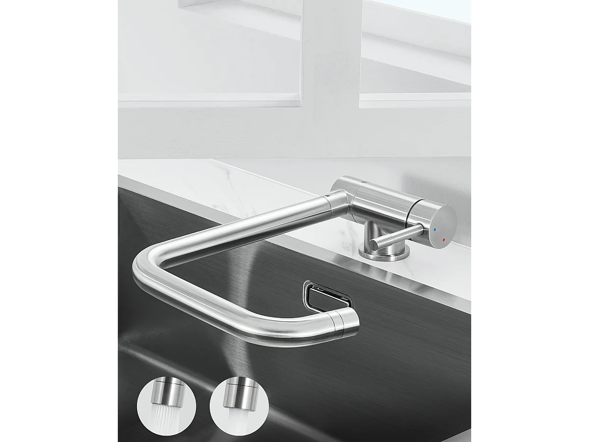 ANYCEE MAX Robinet Cuisine Rabattable avec 2 Jets, Mitigeur Evier Repliable sous Fenêtre Pivotant à 360, Robinetterie Pliable devant Fenêtre