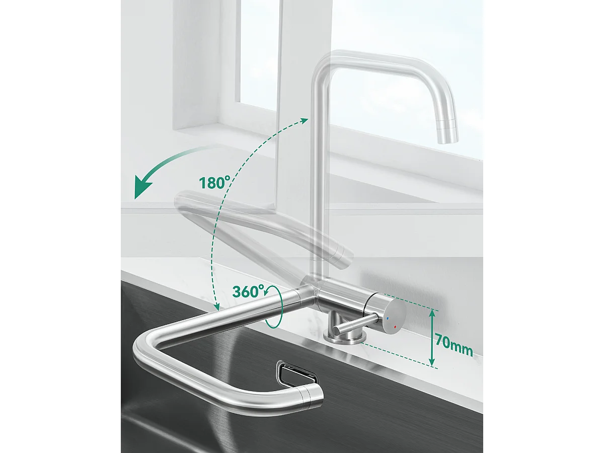 ANYCEE MAX Robinet Cuisine Rabattable avec 2 Jets, Mitigeur Evier Repliable sous Fenêtre Pivotant à 360, Robinetterie Pliable devant Fenêtre