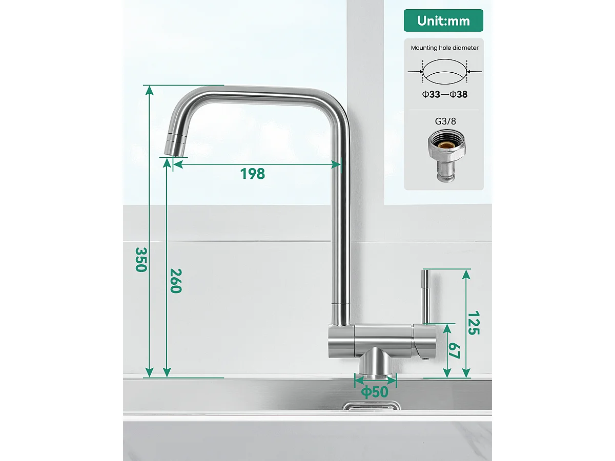 ANYCEE MAX Robinet Cuisine Rabattable avec 2 Jets, Mitigeur Evier Repliable sous Fenêtre Pivotant à 360, Robinetterie Pliable devant Fenêtre