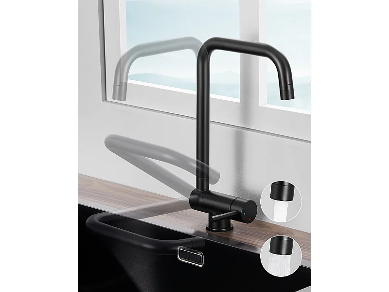 SOFETIY MAX Robinet Cuisine Rabattable avec 2 Jets, Mitigeur Evier Repliable sous Fenêtre Pivotant à 360, Robinetterie Pliable devant Fenêtre NOIR