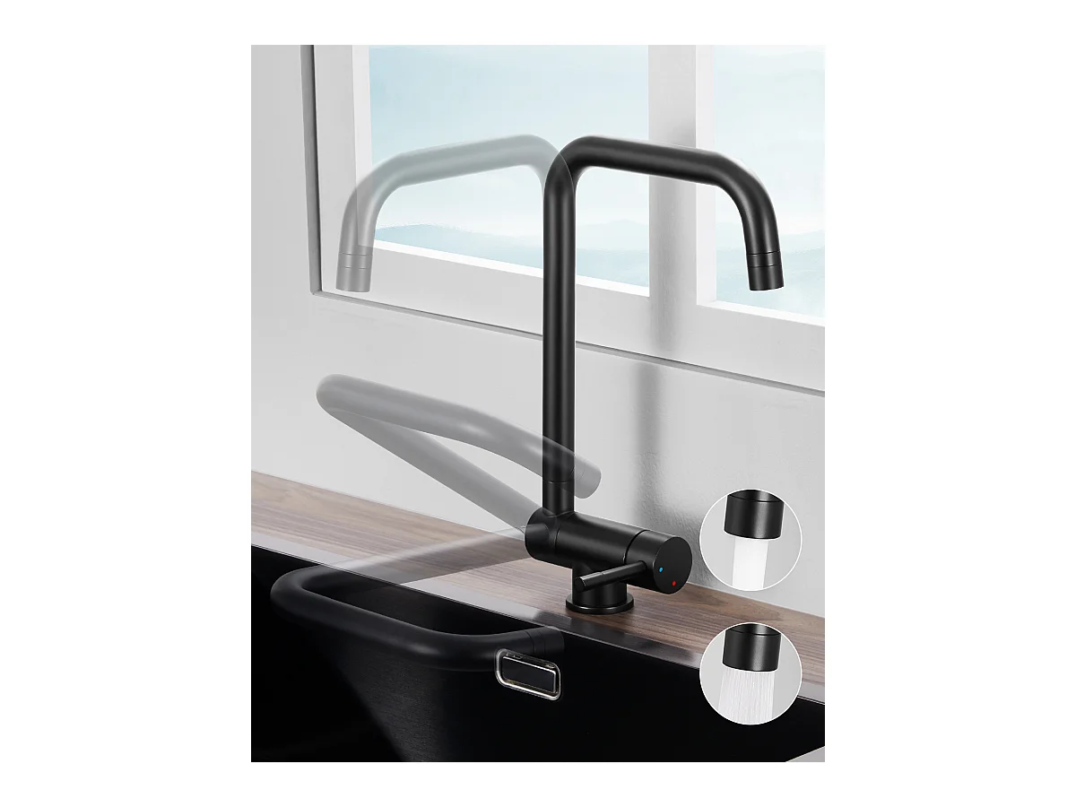 SOFETIY MAX Robinet Cuisine Rabattable avec 2 Jets, Mitigeur Evier Repliable sous Fenêtre Pivotant à 360, Robinetterie Pliable devant Fenêtre NOIR