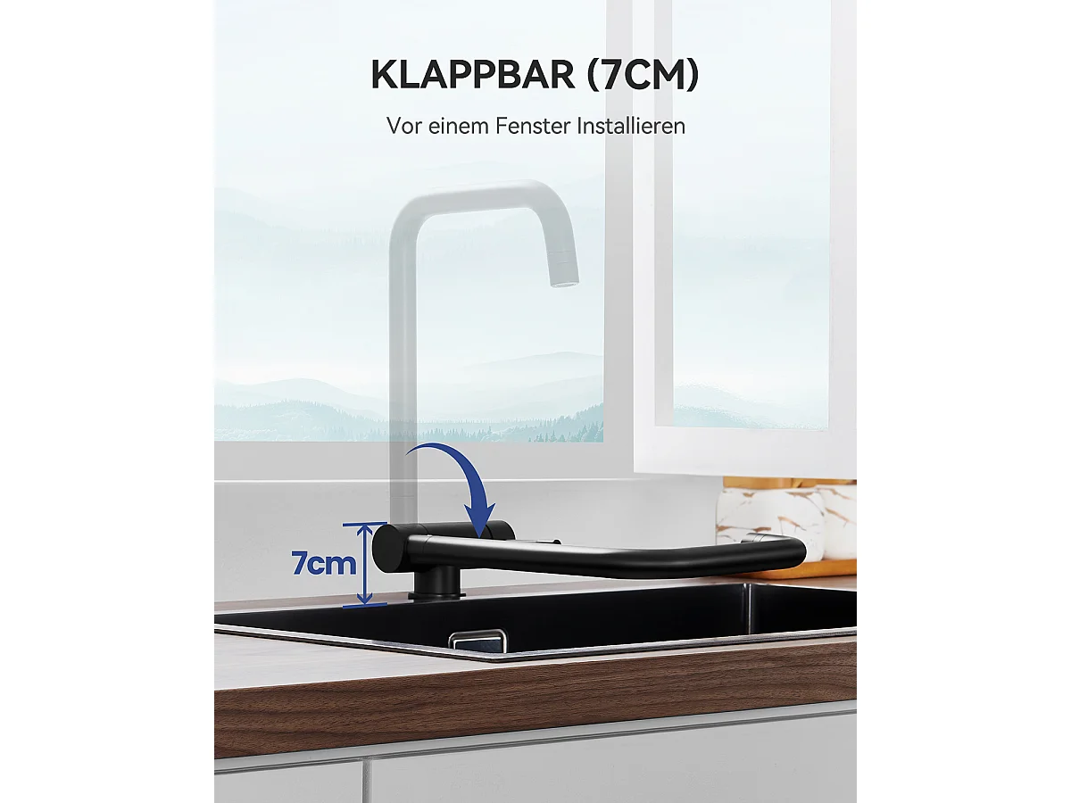 SOFETIY MAX Robinet Cuisine Rabattable avec 2 Jets, Mitigeur Evier Repliable sous Fenêtre Pivotant à 360, Robinetterie Pliable devant Fenêtre NOIR