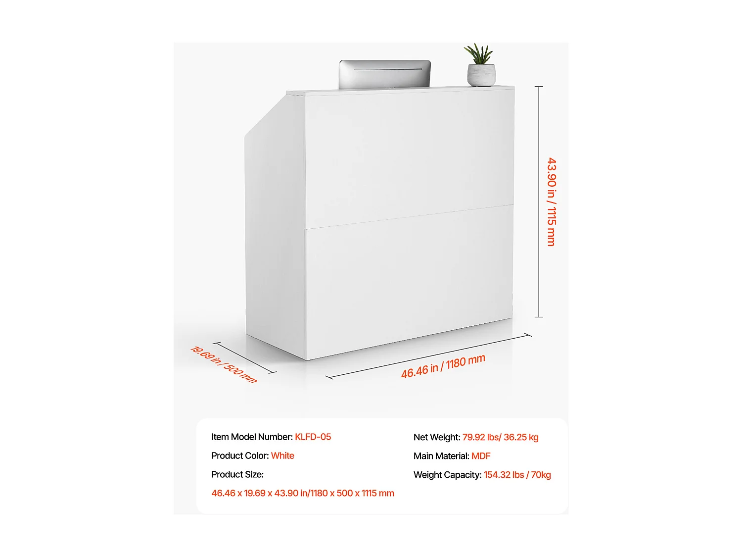 Comptoir d'Accueil Bureau, SucceBuy Bureau de Réception 118 cm, Table de Comptoir Rectangulaire, Bureau Blanc