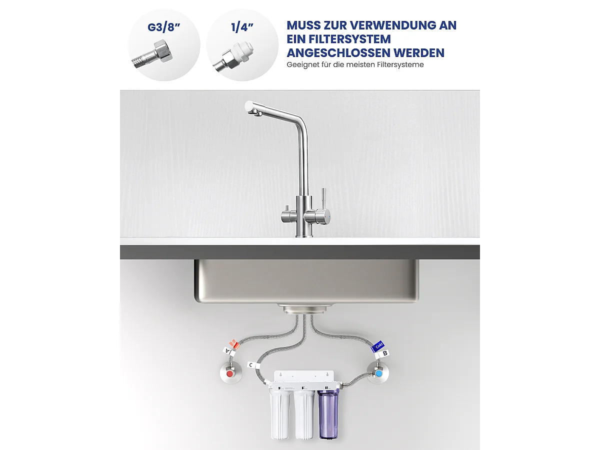 SOFETIY MAX Robinet de Cuisine 3 Voies, Mitigeur Cuisine 3 en 1, Mitigeur Cuisine Rotatif à 360, Robinet Eau Potable 2 Leviers