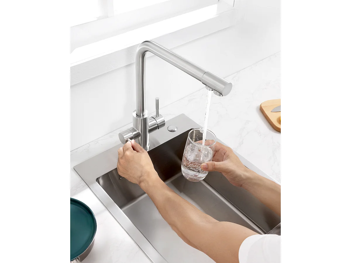SOFETIY MAX Robinet de Cuisine 3 Voies, Mitigeur Cuisine 3 en 1, Mitigeur Cuisine Rotatif à 360, Robinet Eau Potable 2 Leviers