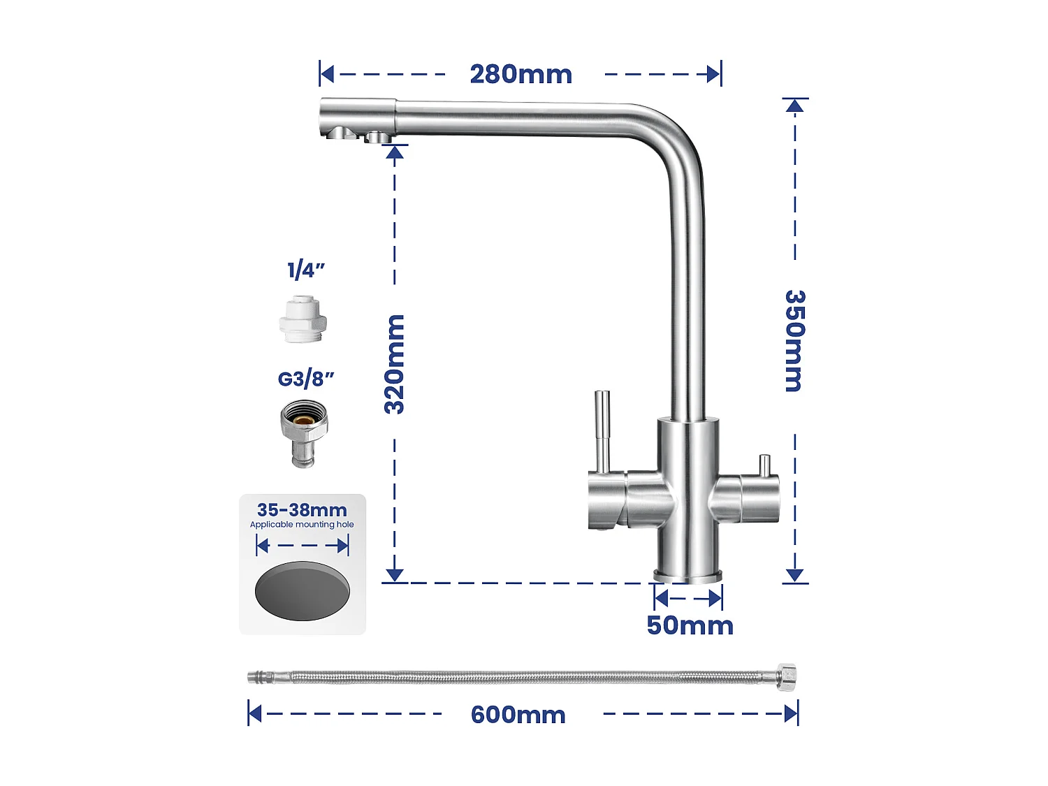 SOFETIY MAX Robinet de Cuisine 3 Voies, Mitigeur Cuisine 3 en 1, Mitigeur Cuisine Rotatif à 360, Robinet Eau Potable 2 Leviers