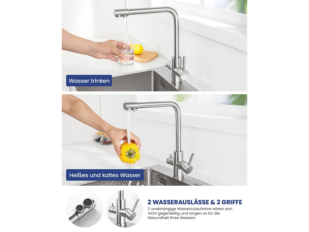 SOFETIY MAX Robinet de Cuisine 3 Voies, Mitigeur Cuisine 3 en 1, Mitigeur Cuisine Rotatif à 360, Robinet Eau Potable 2 Leviers