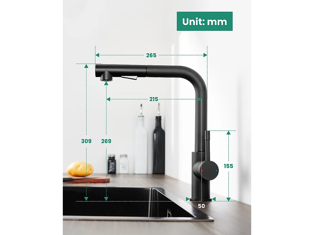 ANYCEE MAX Robinet Cuisine avec Douchette Noir, Mitigeur Cuisine avec Extensible, Robinetterie Pivotants à 360°, Melangeur avec Deux Types Jet d'eau