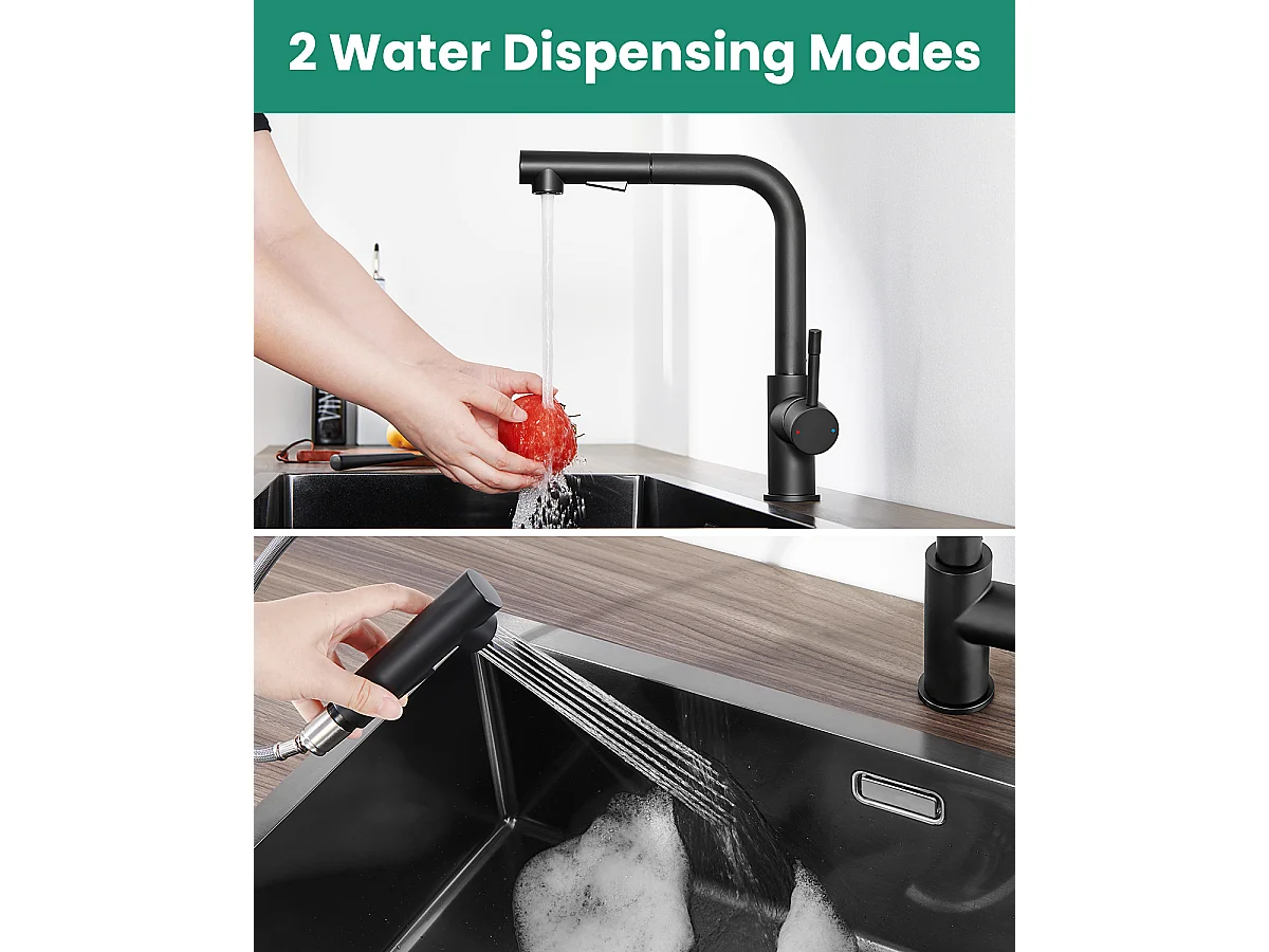 ANYCEE MAX Robinet Cuisine avec Douchette Noir, Mitigeur Cuisine avec Extensible, Robinetterie Pivotants à 360°, Melangeur avec Deux Types Jet d'eau