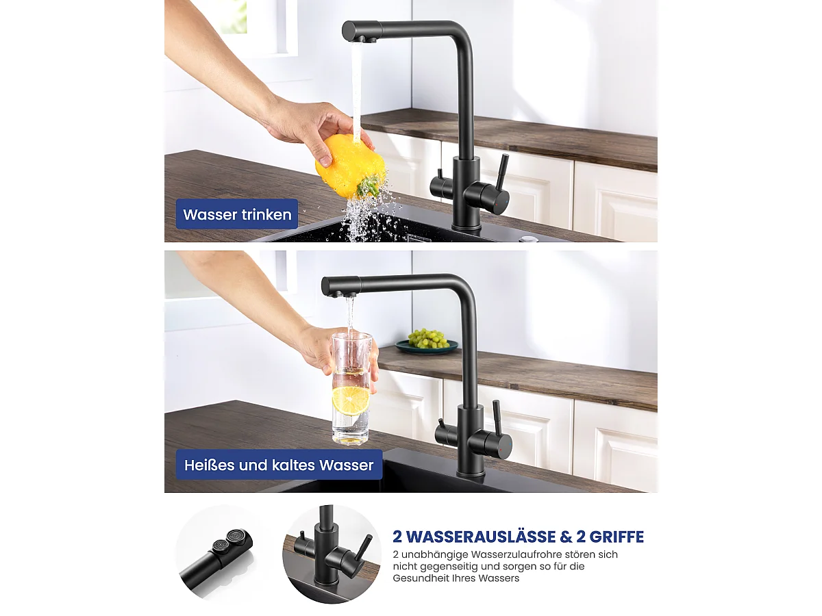 SOFETIY MAX Robinet de Cuisine 3 Voies, Mitigeur Cuisine 3 en 1, Mitigeur Cuisine Rotatif à 360, Robinet Eau Potable 2 Leviers, Noir