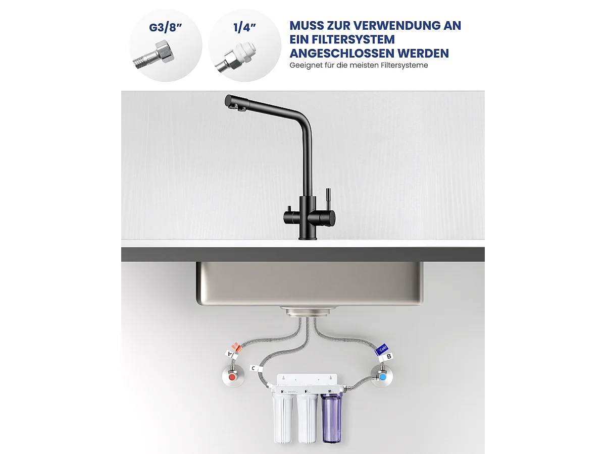 SOFETIY MAX Robinet de Cuisine 3 Voies, Mitigeur Cuisine 3 en 1, Mitigeur Cuisine Rotatif à 360, Robinet Eau Potable 2 Leviers, Noir
