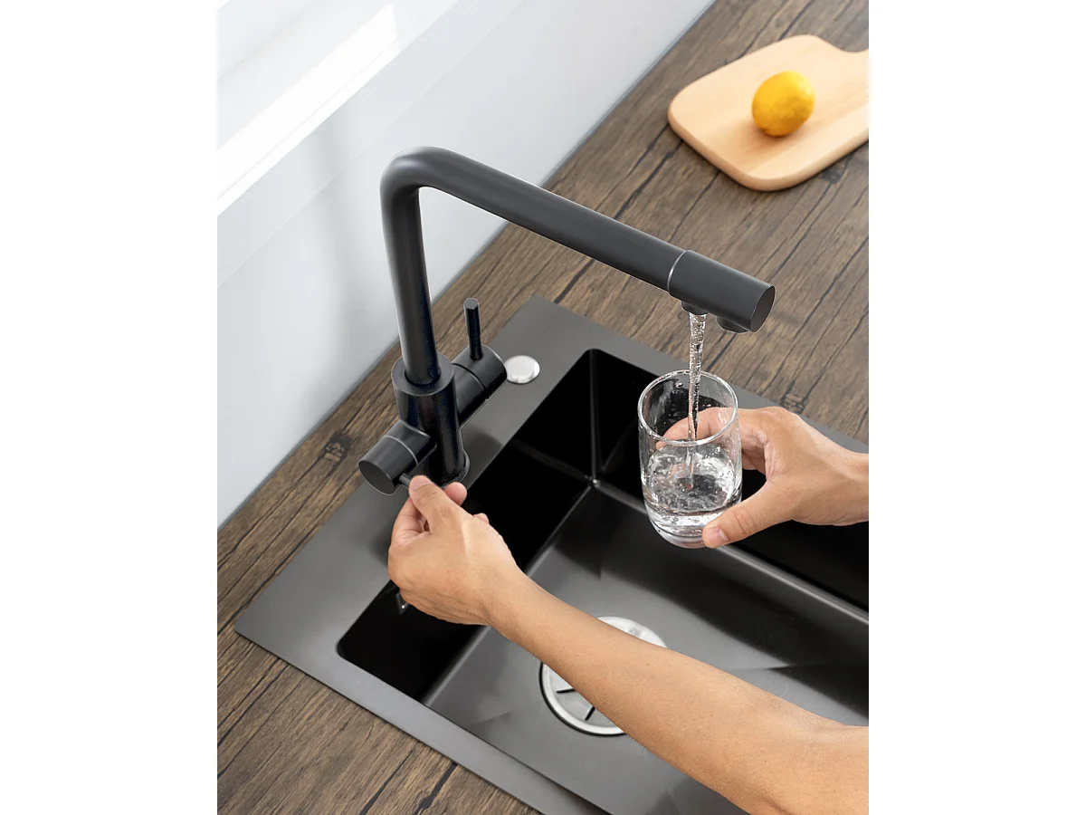 SOFETIY MAX Robinet de Cuisine 3 Voies, Mitigeur Cuisine 3 en 1, Mitigeur Cuisine Rotatif à 360, Robinet Eau Potable 2 Leviers, Noir