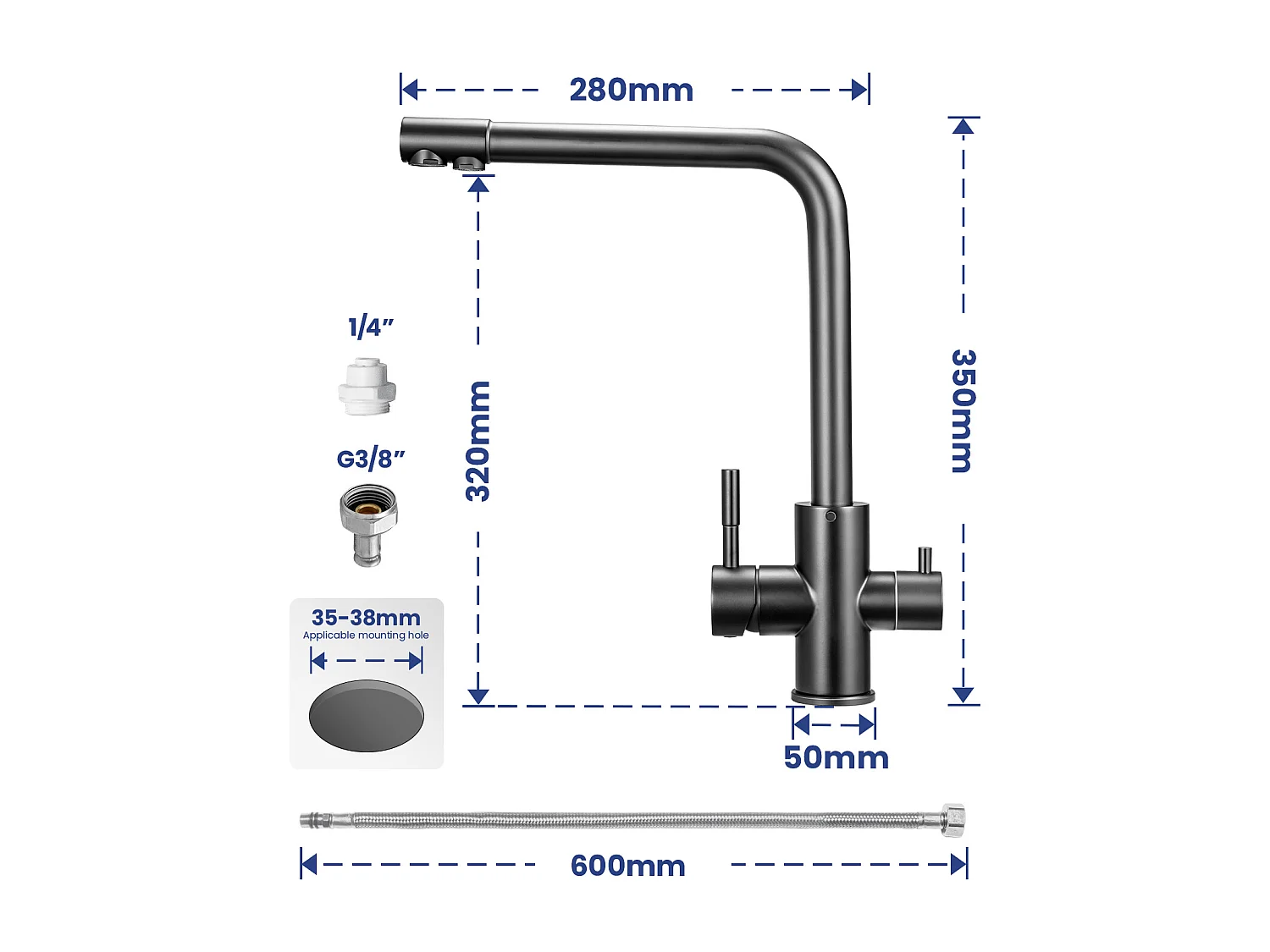 SOFETIY MAX Robinet de Cuisine 3 Voies, Mitigeur Cuisine 3 en 1, Mitigeur Cuisine Rotatif à 360, Robinet Eau Potable 2 Leviers, Noir