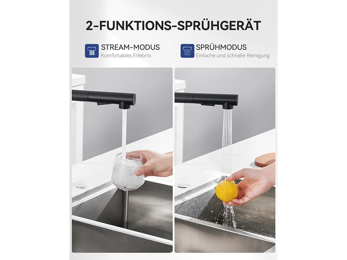 SOFETIY MAX Robinet Cuisine avec Douchette,Robinet Mitigeur de Cuisine Noir avec 2 Modes de Pulvérisation, Mitigeur Cuisine Rotatif à 360