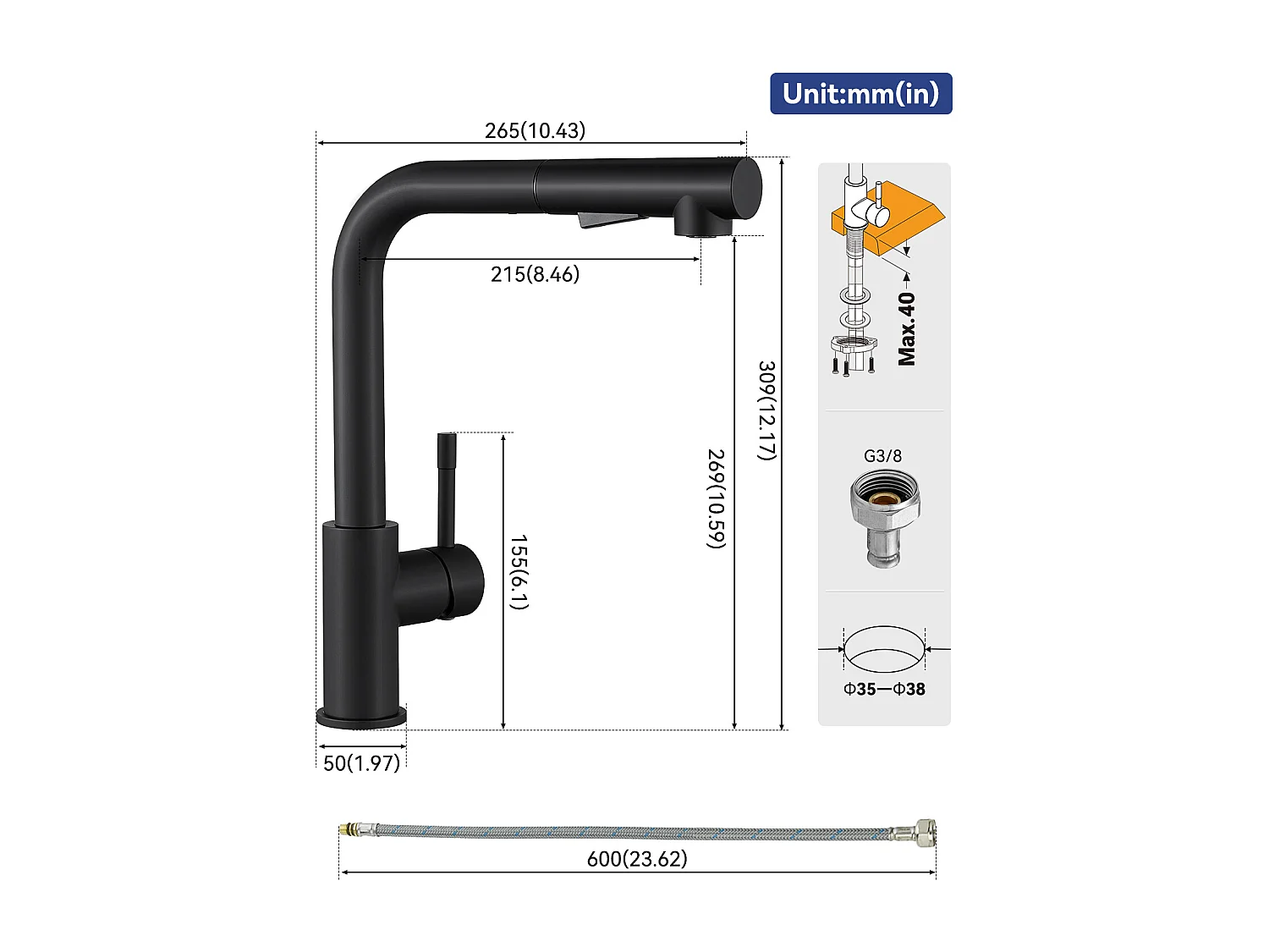 SOFETIY MAX Robinet Cuisine avec Douchette,Robinet Mitigeur de Cuisine Noir avec 2 Modes de Pulvérisation, Mitigeur Cuisine Rotatif à 360