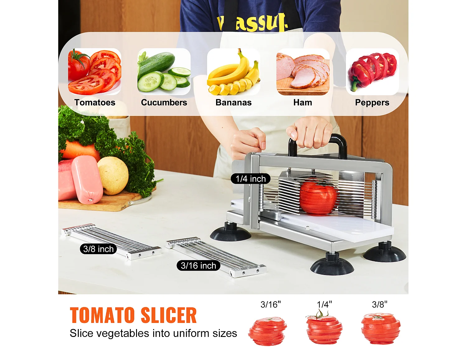 Coupe-Tomates Commercial SucceBuy, Coupe-Tomates en Acier Inoxydable, avec Pieds Antidérapants, pour Couper Tomates, Concombres et Bananes