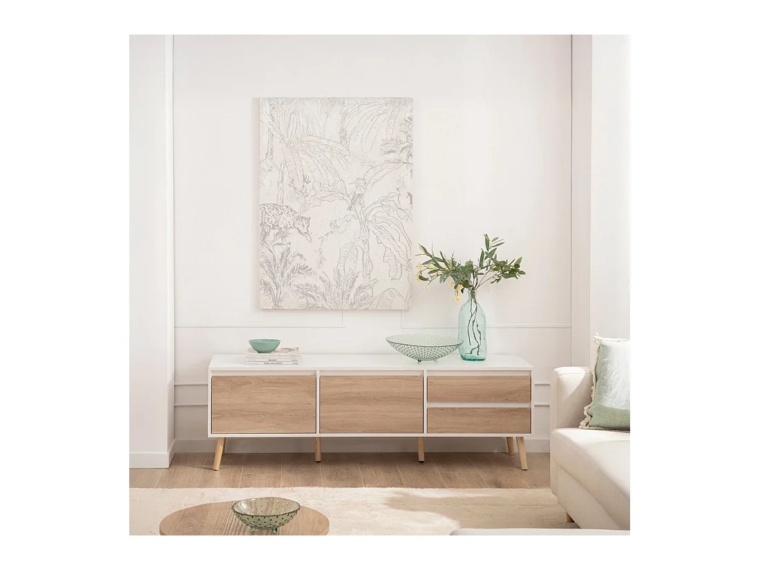 Meuble TV en laqué blanco-natural 160x51 cm-Kemi