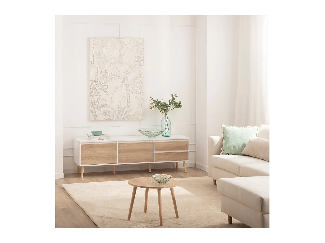 Meuble TV en laqué blanco-natural 160x51 cm-Kemi
