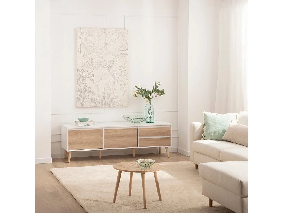 Meuble TV en laqué blanco-natural 160x51 cm-Kemi