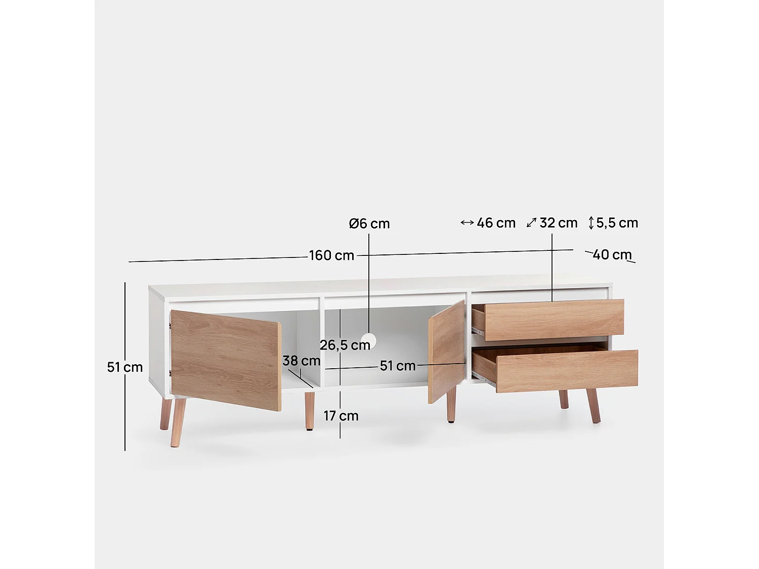 Mueble TV de Lacado Blanco-Natural 51 x 160- Kemi