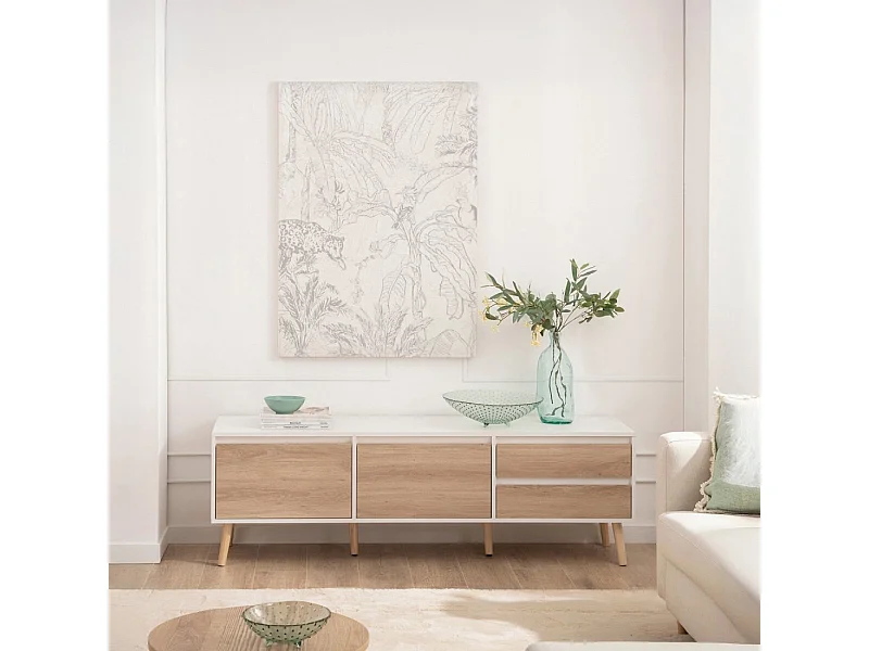 Meuble TV en laqué blanco-natural 160x51 cm-Kemi