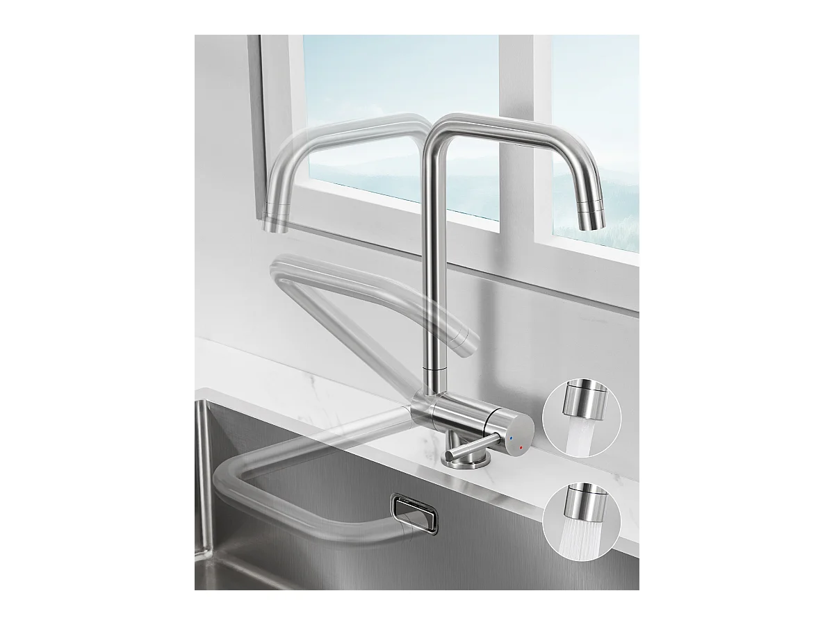 SOFETIY MAX Robinet Cuisine Rabattable avec 2 Jets, Mitigeur Evier Repliable sous Fenêtre Pivotant à 360, Robinetterie Pliable devant Fenêtre