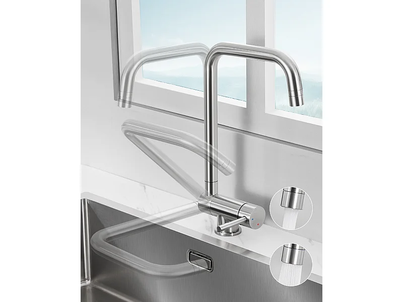 SOFETIY MAX Robinet Cuisine Rabattable avec 2 Jets, Mitigeur Evier Repliable sous Fenêtre Pivotant à 360, Robinetterie Pliable devant Fenêtre