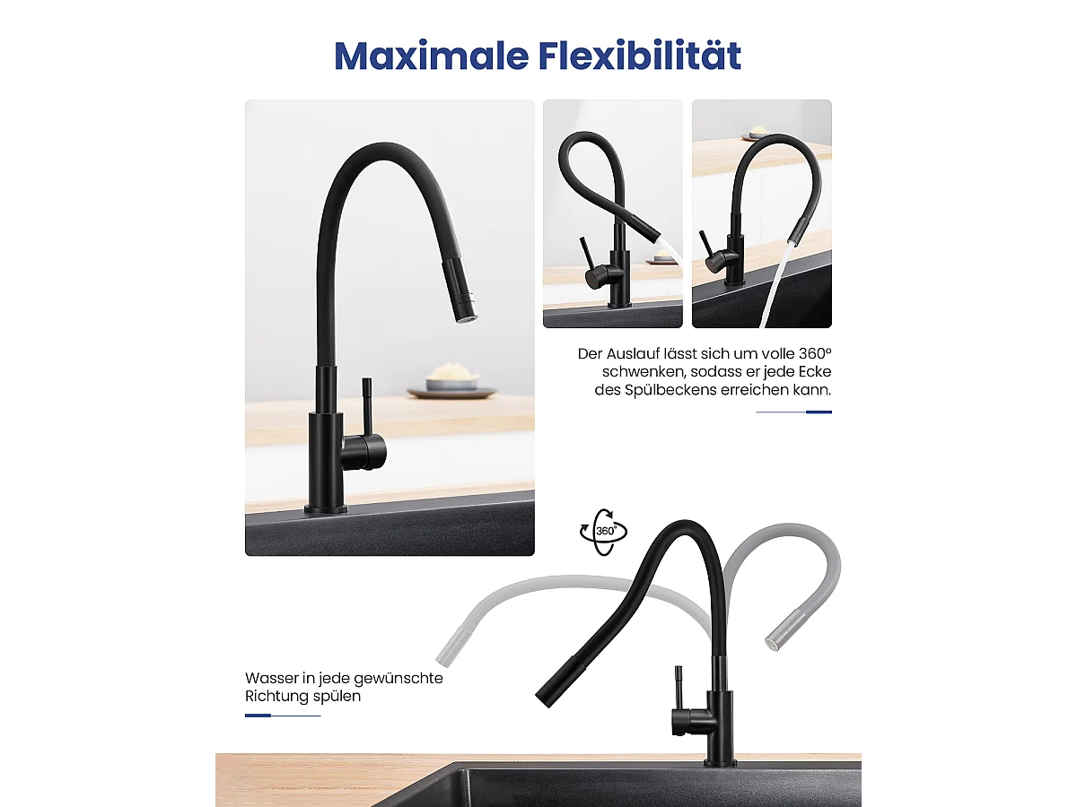 SOFETIY MAX Robinet Cuisine Flexible Noir,Mitigeur Cuisine Rotative à 360°, Robinet de Cuisine à Eau Chaude et Froide