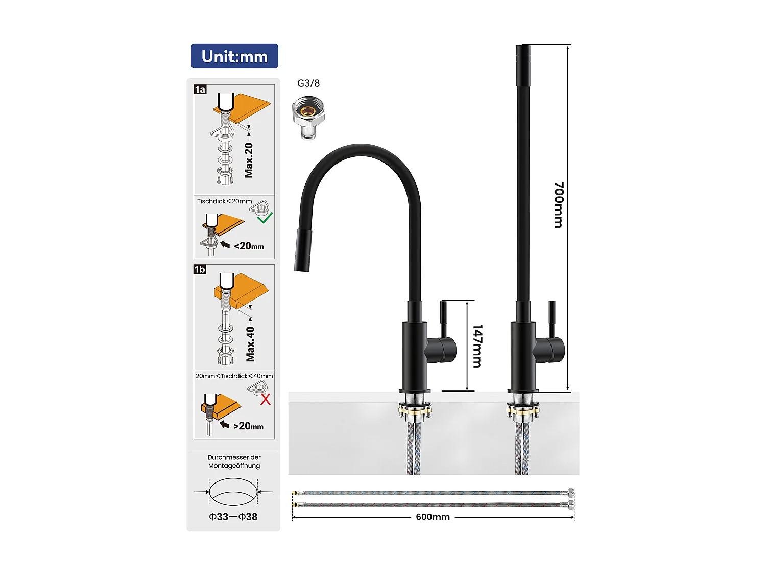 SOFETIY MAX Robinet Cuisine Flexible Noir,Mitigeur Cuisine Rotative à 360°, Robinet de Cuisine à Eau Chaude et Froide
