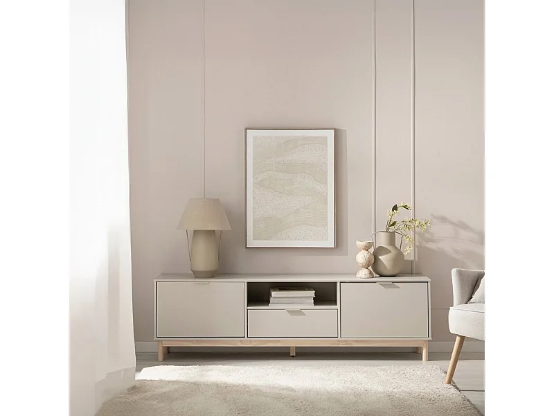 Meuble TV en laqué gris perle 180x53 cm-Elian