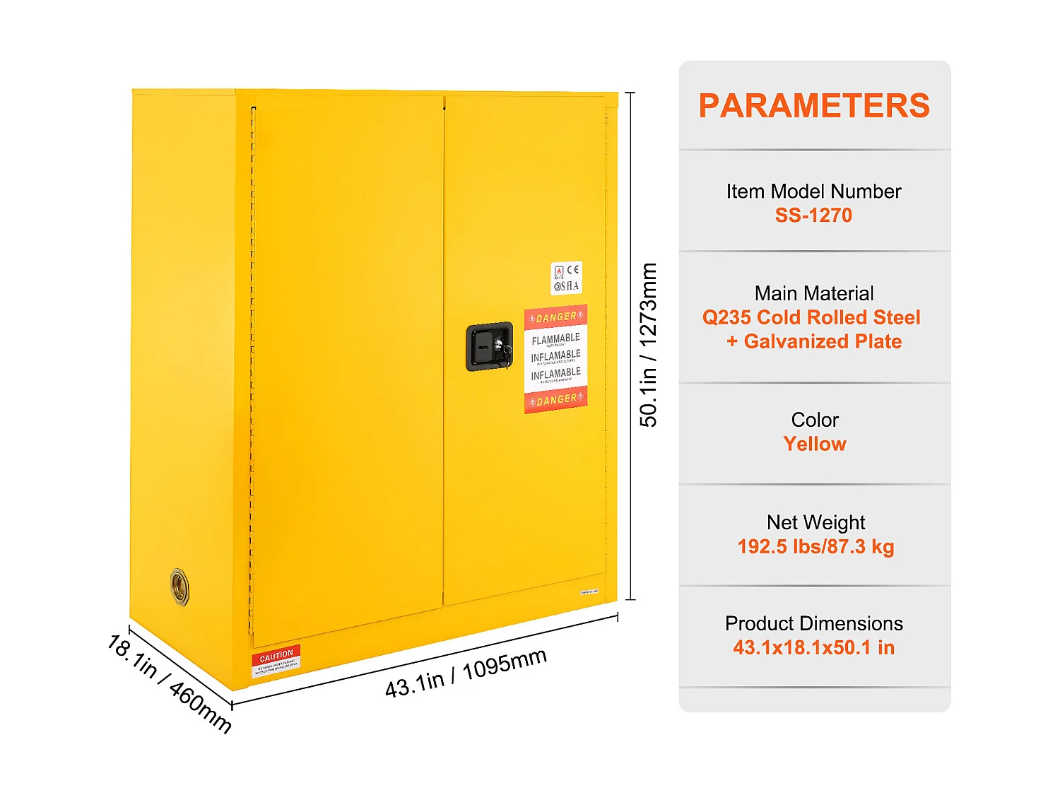 Sicherheitsschrank, SucceBuy Sicherheitsschrank Entflammbar 114 L Gelb 109,5 × 46 × 127,3 cm Schrank Gelb