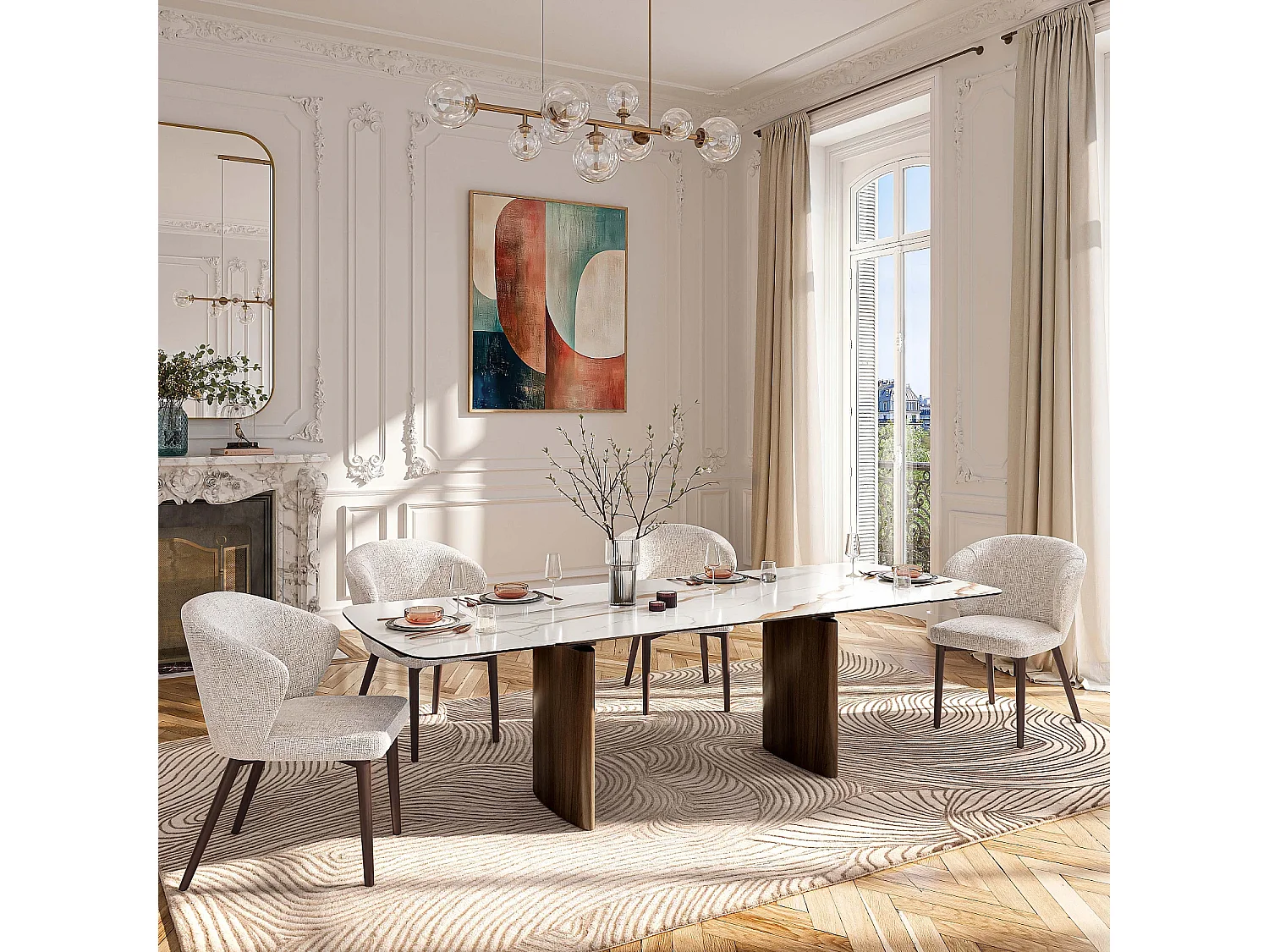 Lot de 2 chaises en tissu chenille et bois massif couleur noyer - Crème