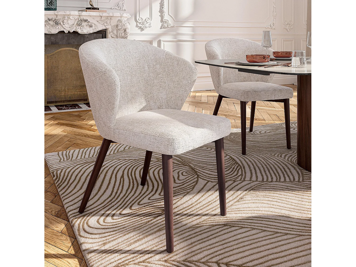 Lot de 2 chaises en tissu chenille et bois massif couleur noyer - Crème