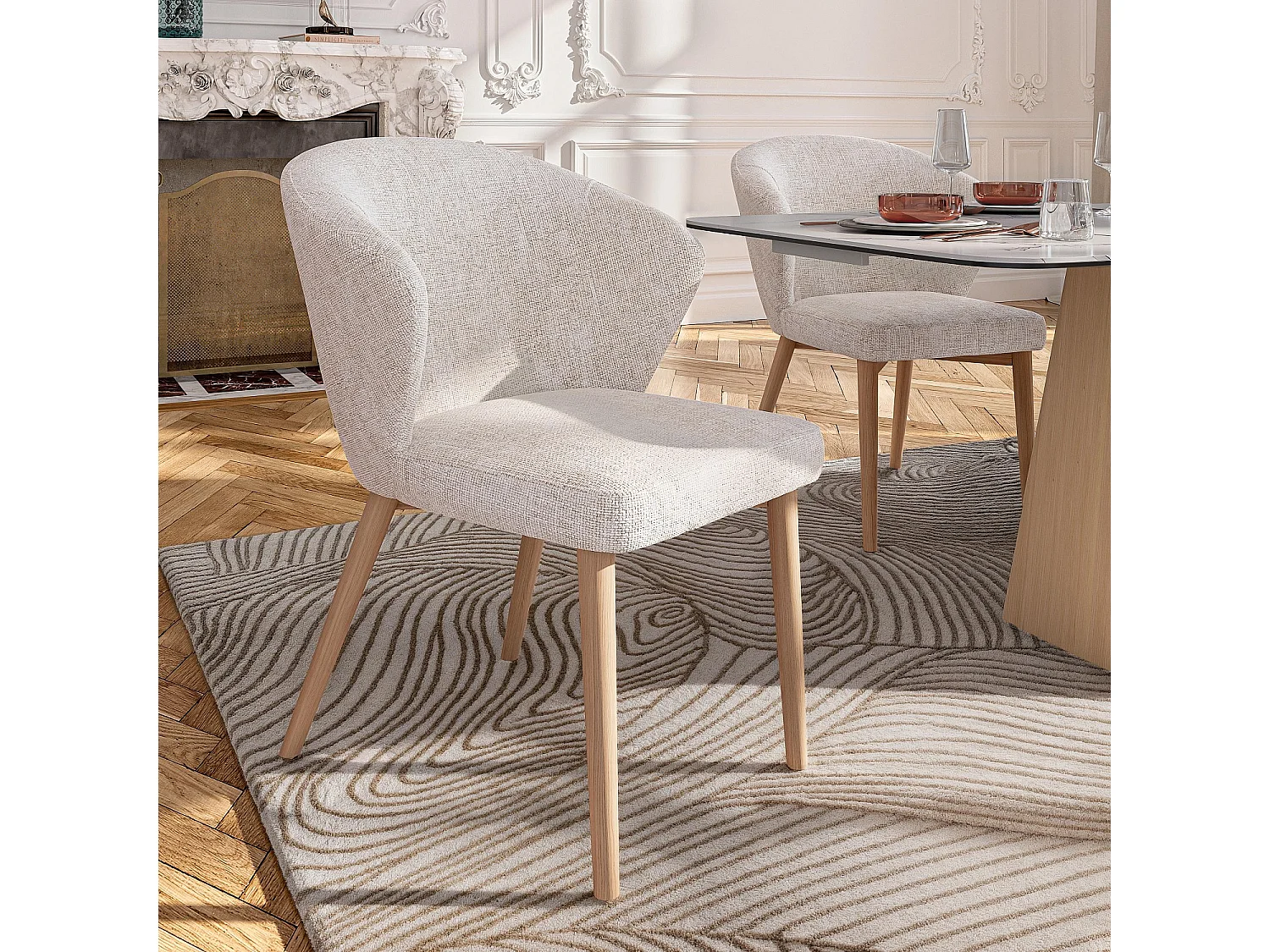 Habitat - Lot de 2 chaises en tissu chenille et bois massif couleur chêne - Crème - Luris