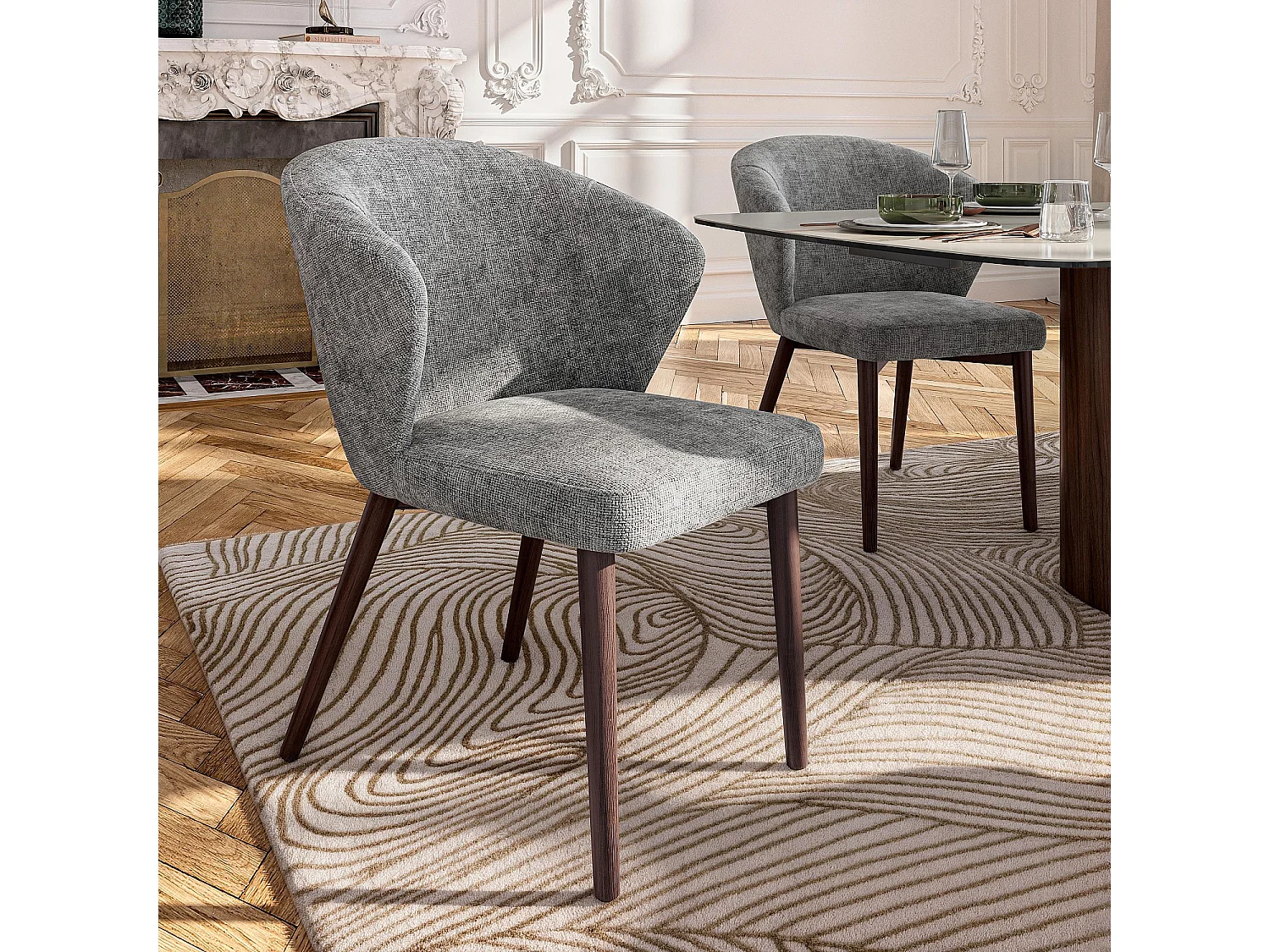 Habitat - Lot de 2 chaises en tissu chenille et bois massif couleur noyer - Gris argent - Luris