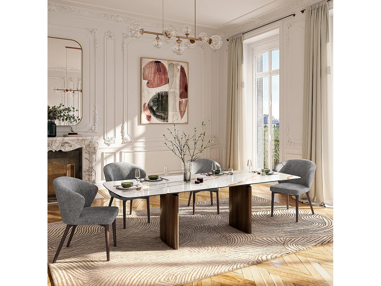 Lot de 2 chaises en tissu chenille et bois massif couleur noyer - Gris argent