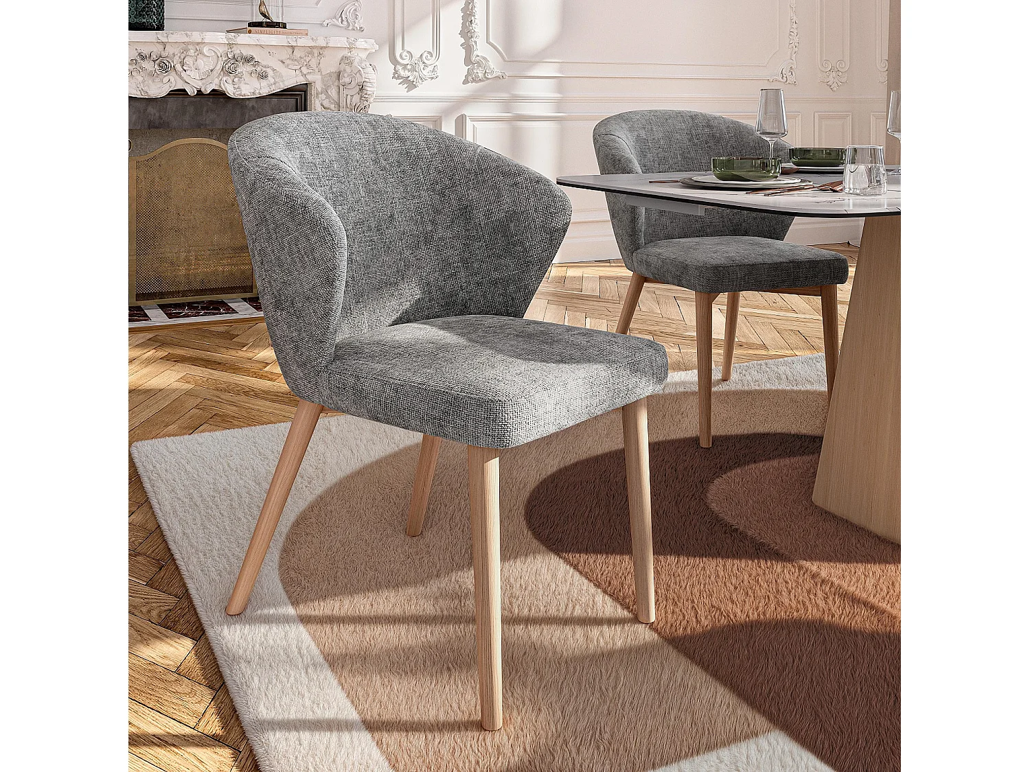 Lot de 2 chaises en tissu chenille et bois massif couleur chêne - Gris argent