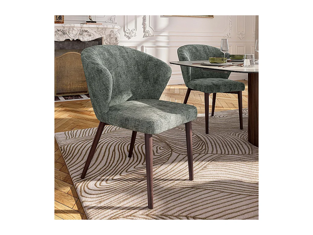 Habitat - Lot de 2 chaises en tissu chenille et bois massif couleur noyer - Vert sapin - Luris