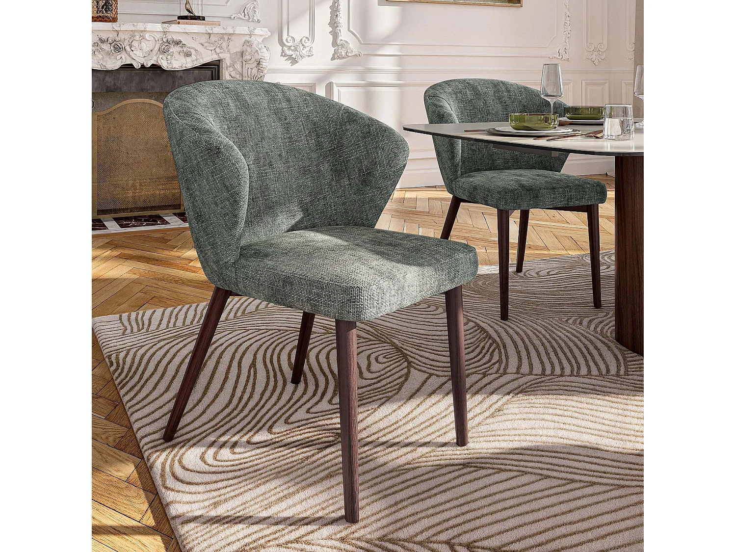 Habitat - Lot de 2 chaises en tissu chenille et bois massif couleur noyer - Vert sapin - Luris