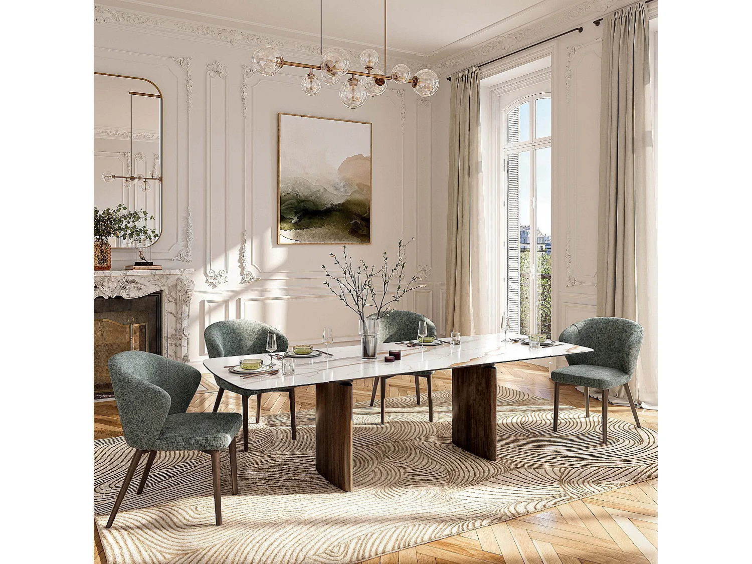 Lot de 2 chaises en tissu chenille et bois massif finition noyer - Vert sapin