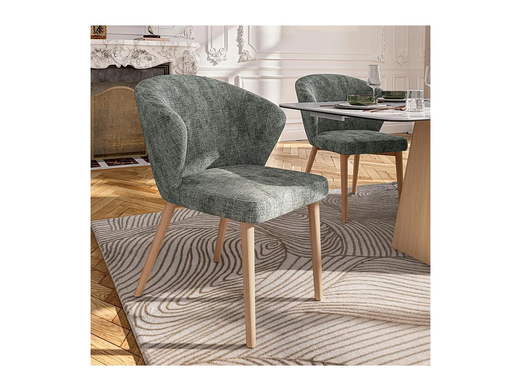 Habitat - Lot de 2 chaises en tissu chenille et bois massif couleur chêne - Vert sapin - Luris